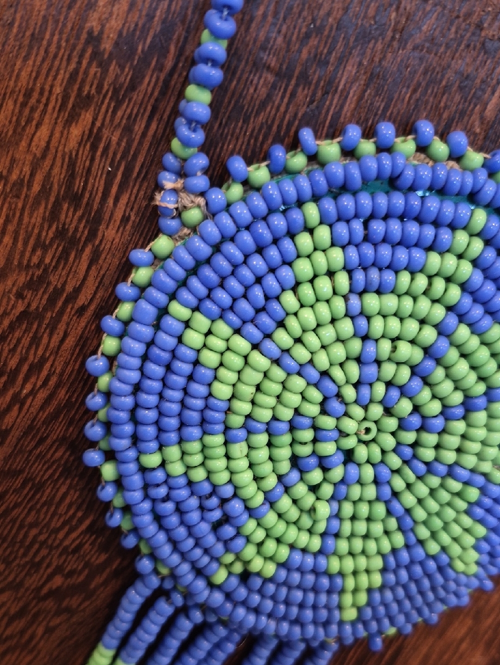 Vtg Seed Bead Medallion Pendant Necklaces, Blue, Green Yellow, & Black - Picture 5 of 13